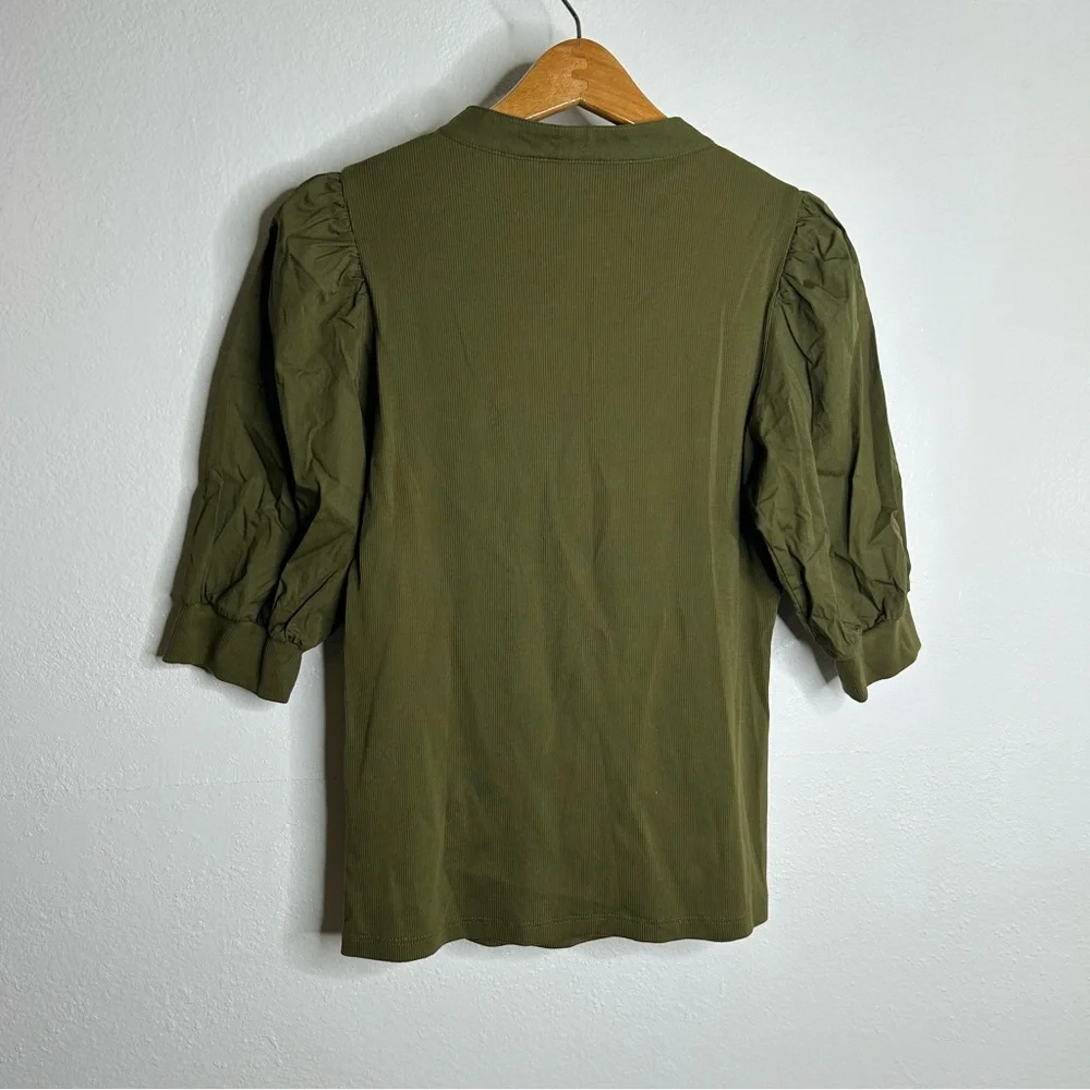 Veronica Beard Coralee High Volume Poplin Puff Sleeve Pima Cotton Green Top S